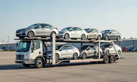 Car transporter loaded with vehicles in White Plains, New York, United States