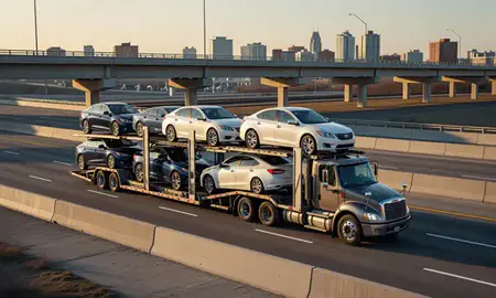 Car transporter with the White Plains, New York, United States skyline behind it
