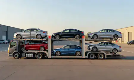 Car transporter parked in an industrial area of Yonkers, New York, United States