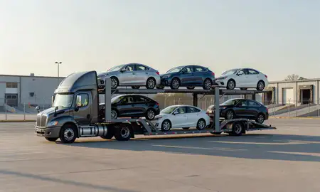 Car transporter loaded with vehicles in Yonkers, New York, United States