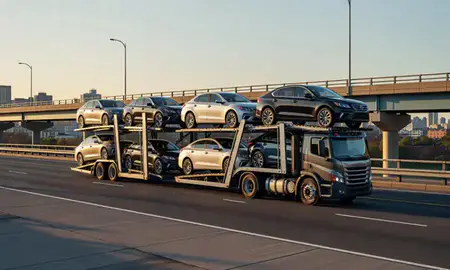 Car transporter with the Yonkers, New York, United States skyline behind it
