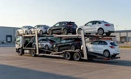 Car transporter loaded with vehicles in North Carolina, United States