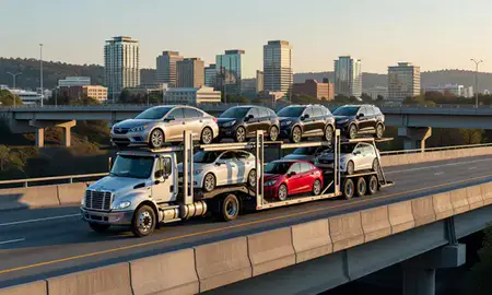 Car transporter with the North Carolina, United States skyline behind it