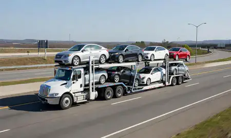 Multi-level car carrier on the highway to Apex, North Carolina, United States