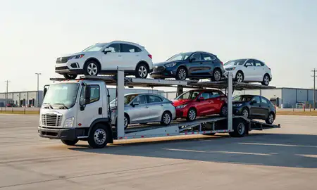 Car transporter loaded with vehicles in Apex, North Carolina, United States
