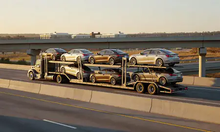 Car transporter with the Apex, North Carolina, United States skyline behind it
