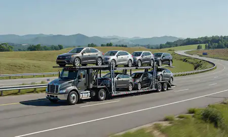 Multi-level car carrier on the highway to Asheville, North Carolina, United States