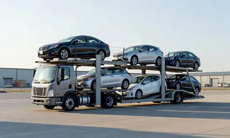 Car transporter loaded with vehicles in Asheville, North Carolina, United States