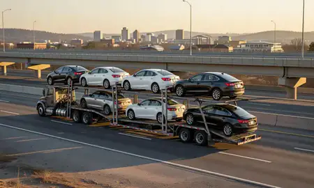 Car transporter with the Asheville, North Carolina, United States skyline behind it