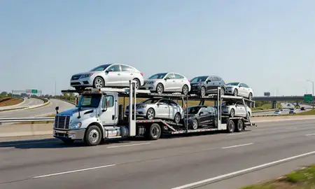 Multi-level car carrier on the highway to Burlington, North Carolina, United States