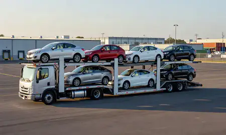 Car transporter loaded with vehicles in Burlington, North Carolina, United States