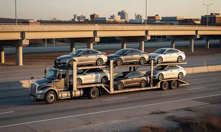 Car transporter with the Burlington, North Carolina, United States skyline behind it