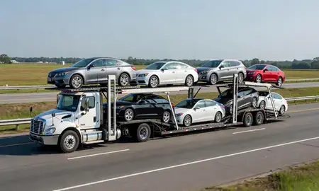 Multi-level car carrier on the highway to Cary, North Carolina, United States