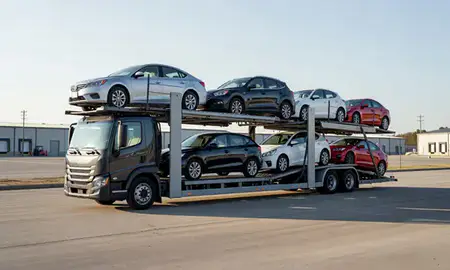 Car transporter loaded with vehicles in Cary, North Carolina, United States