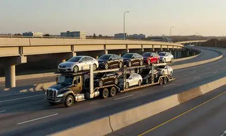 Car transporter with the Cary, North Carolina, United States skyline behind it
