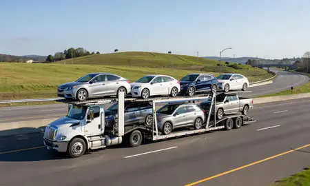 Multi-level car carrier on the highway to Chapel Hill, North Carolina, United States