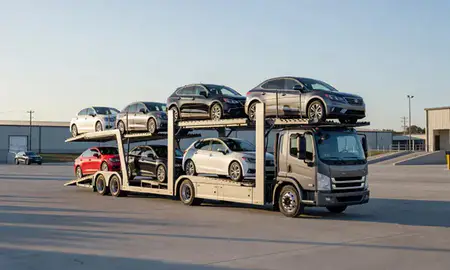 Car transporter loaded with vehicles in Chapel Hill, North Carolina, United States
