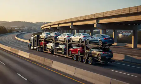 Car transporter with the Chapel Hill, North Carolina, United States skyline behind it