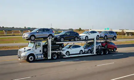 Multi-level car carrier on the highway to Charlotte, North Carolina, United States