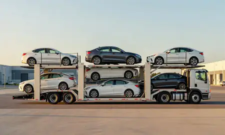 Car transporter parked in an industrial area of Charlotte, North Carolina, United States