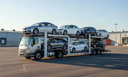 Car transporter loaded with vehicles in Charlotte, North Carolina, United States