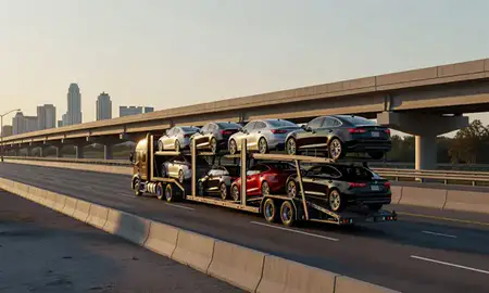 Car transporter with the Charlotte, North Carolina, United States skyline behind it