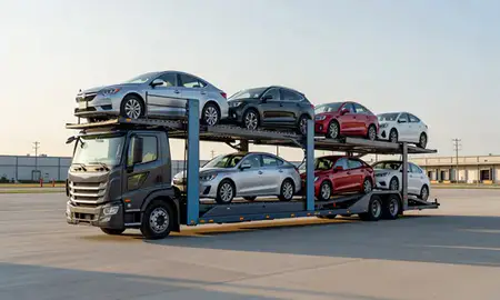 Car transporter loaded with vehicles in Concord, North Carolina, United States