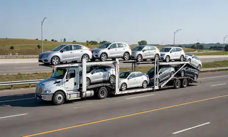 Multi-level car carrier on the highway to Durham, North Carolina, United States