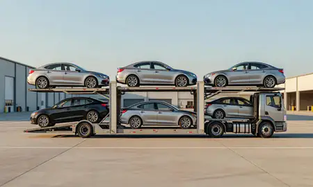 Car transporter parked in an industrial area of Durham, North Carolina, United States