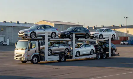 Car transporter loaded with vehicles in Durham, North Carolina, United States