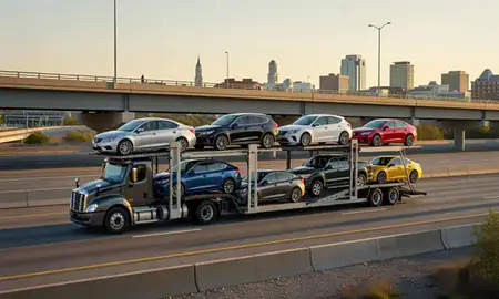 Car transporter with the Durham, North Carolina, United States skyline behind it