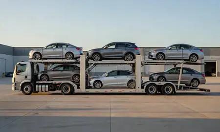 Car transporter parked in an industrial area of Fayetteville, North Carolina, United States