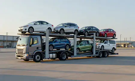 Car transporter loaded with vehicles in Fayetteville, North Carolina, United States