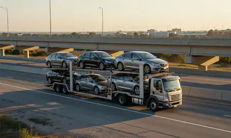 Car transporter with the Fayetteville, North Carolina, United States skyline behind it