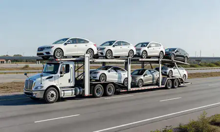 Multi-level car carrier on the highway to Fuquay-Varina, North Carolina, United States