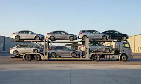 Car transporter parked in an industrial area of Fuquay-Varina, North Carolina, United States