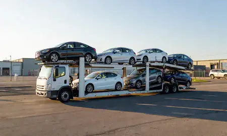 Car transporter loaded with vehicles in Fuquay-Varina, North Carolina, United States