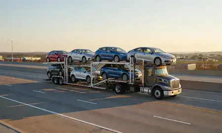 Car transporter with the Fuquay-Varina, North Carolina, United States skyline behind it