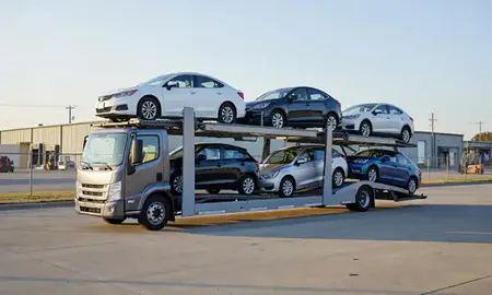 Car transporter loaded with vehicles in Gastonia, North Carolina, United States