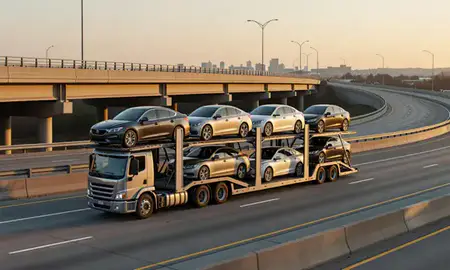 Car transporter with the Gastonia, North Carolina, United States skyline behind it
