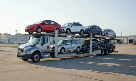 Car transporter loaded with vehicles in Goldsboro, North Carolina, United States