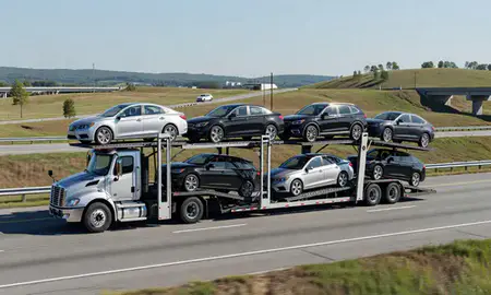 Multi-level car carrier on the highway to Greensboro, North Carolina, United States