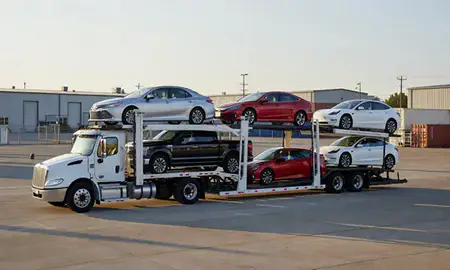 Car transporter loaded with vehicles in Greensboro, North Carolina, United States