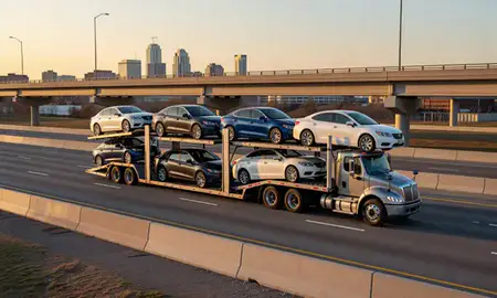 Car transporter with the Greensboro, North Carolina, United States skyline behind it