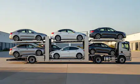 Car transporter parked in an industrial area of Greenville, North Carolina, United States