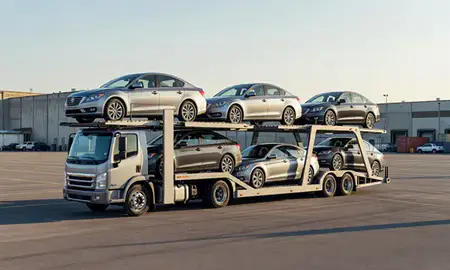 Car transporter loaded with vehicles in Greenville, North Carolina, United States
