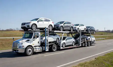 Multi-level car carrier on the highway to Hickory, North Carolina, United States