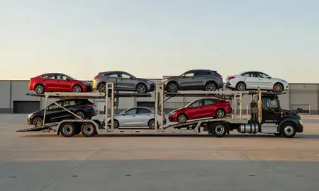 Car transporter parked in an industrial area of Hickory, North Carolina, United States