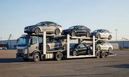 Car transporter loaded with vehicles in Hickory, North Carolina, United States