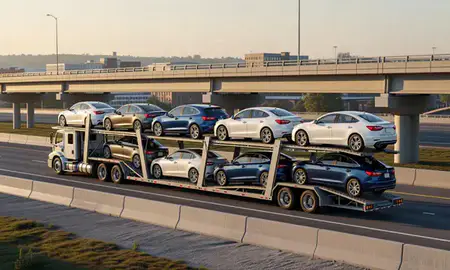 Car transporter with the Hickory, North Carolina, United States skyline behind it